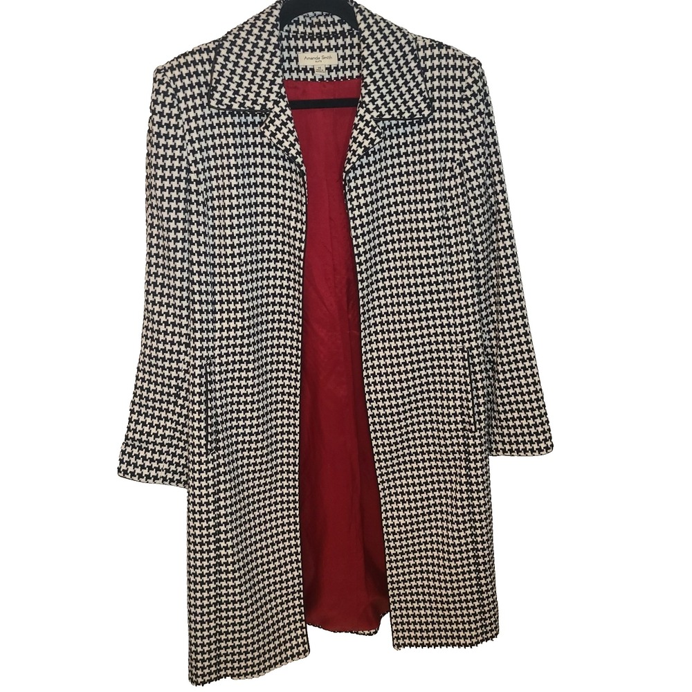 Amanda Smith Women 14 Houndstooth Coat Black White Long Jacket Red Lining Open